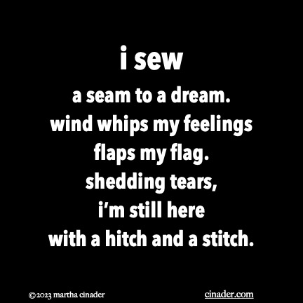i sew a seam to a dream. wind whips my feelings flaps my flag. shedding tears, i’m still here with a hitch and a stitch.
