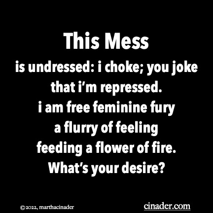This Mess is undressed: i choke; you joke that i’m repressed. i am free feminine fury a flurry of feeling feeding a flower of fire. What’s your desire?